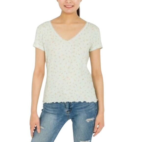 Hippie Rose Mint Ditsy Ribbed Lace Trim Lettuce Hem V-Neck T-Shirt Junior XL NWT - Picture 1 of 12